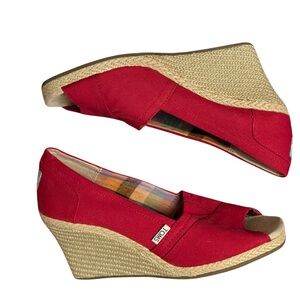 TOMS Red Canvas Wedge Heels | Peep Toe | Size 8